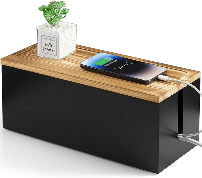 CMLKLZD Large Wood Cable Management Box - Cable Organizer Box - 2 Open Slots Cords Hider Box - Under Desk Cord Organizer for Power Strip Extension Cord Surge Protector Charger Wire, Black - Image 1